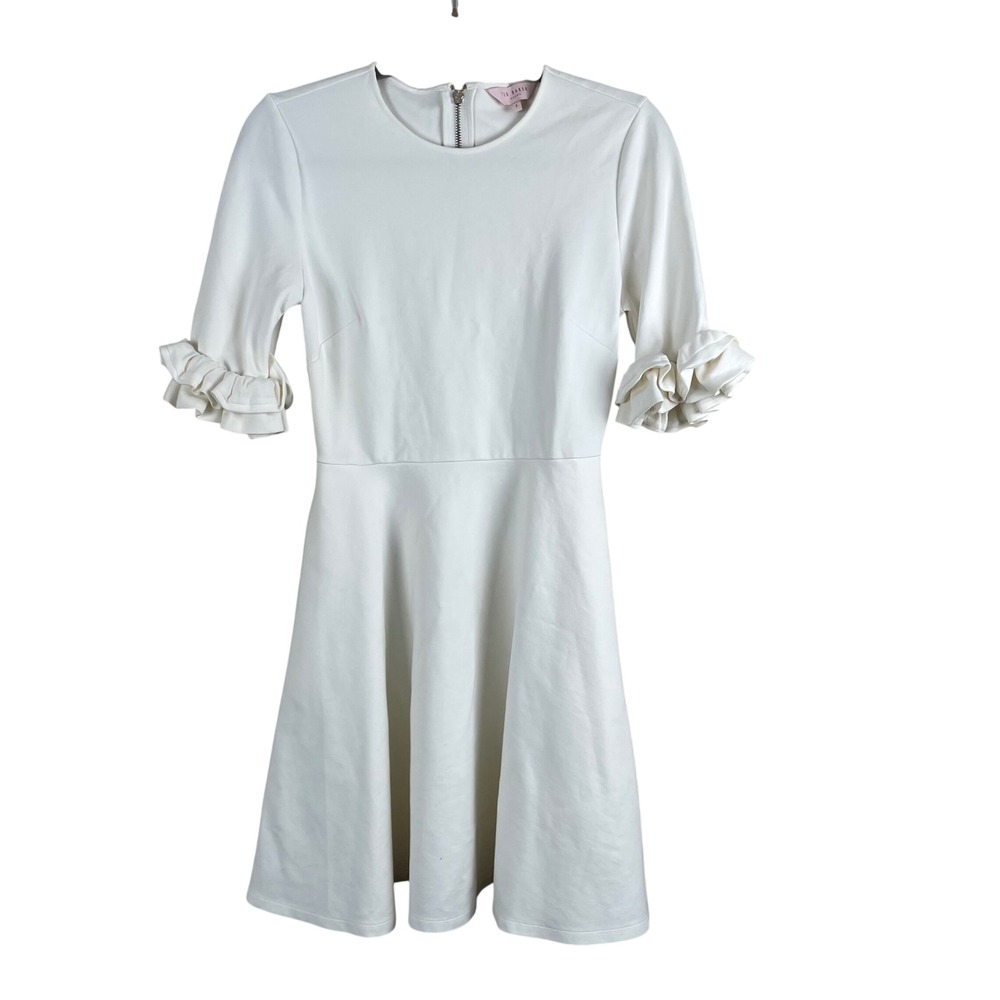 Ted Baker Ritzi White Ruffle Sleeve Fit & Flare Dress‎ Size 1 US 4 Exposed Zip - Picture 3 of 11